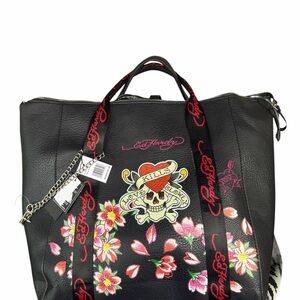 Ed Hardy large weekender travel bag with a necklace